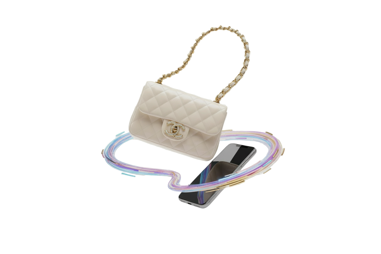 sfondo bianco con una borsa ed un telefono animati